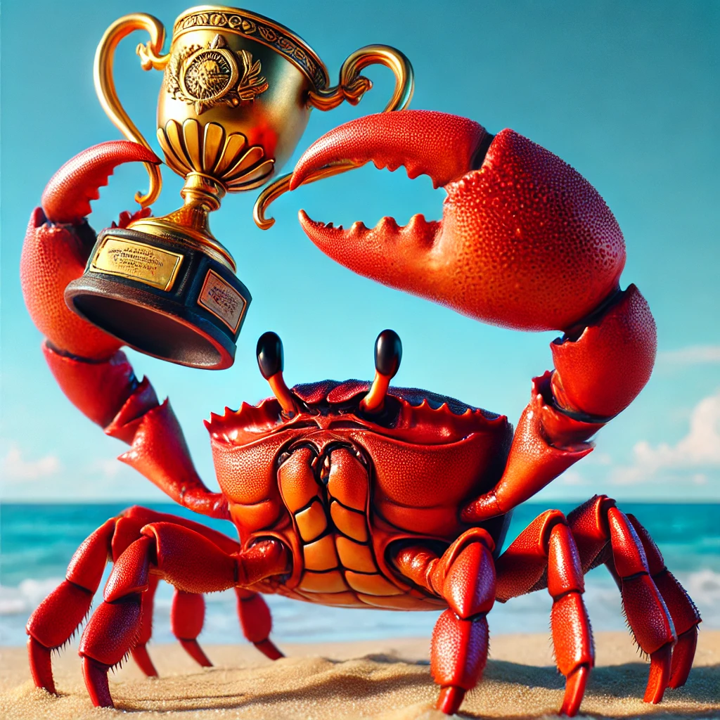 A red crab on a beach holding a trophy over its head