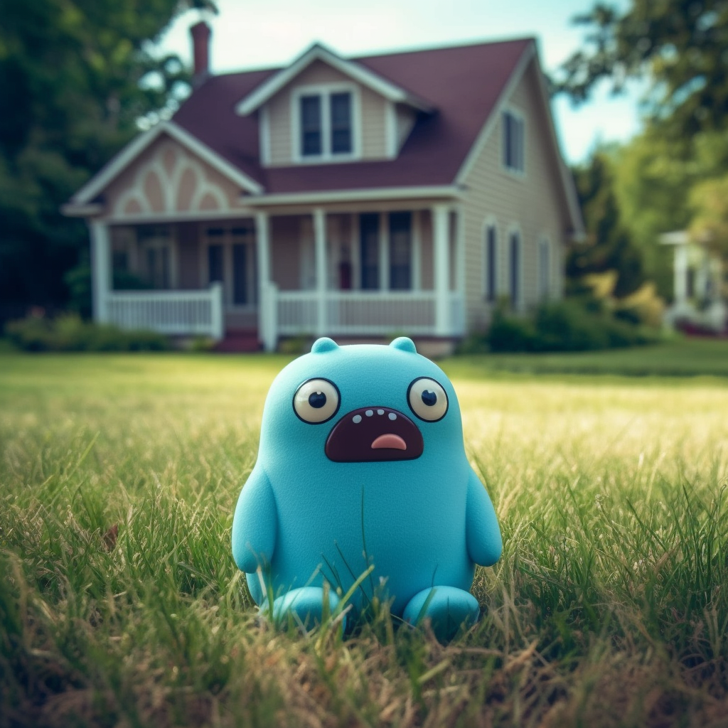 The Golang mascot sitting on the lawn in front of a house