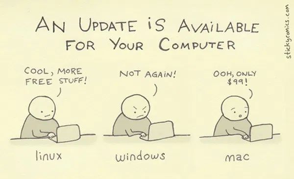 Hand drawn meme of update woes on Linux, Windows, and Mac